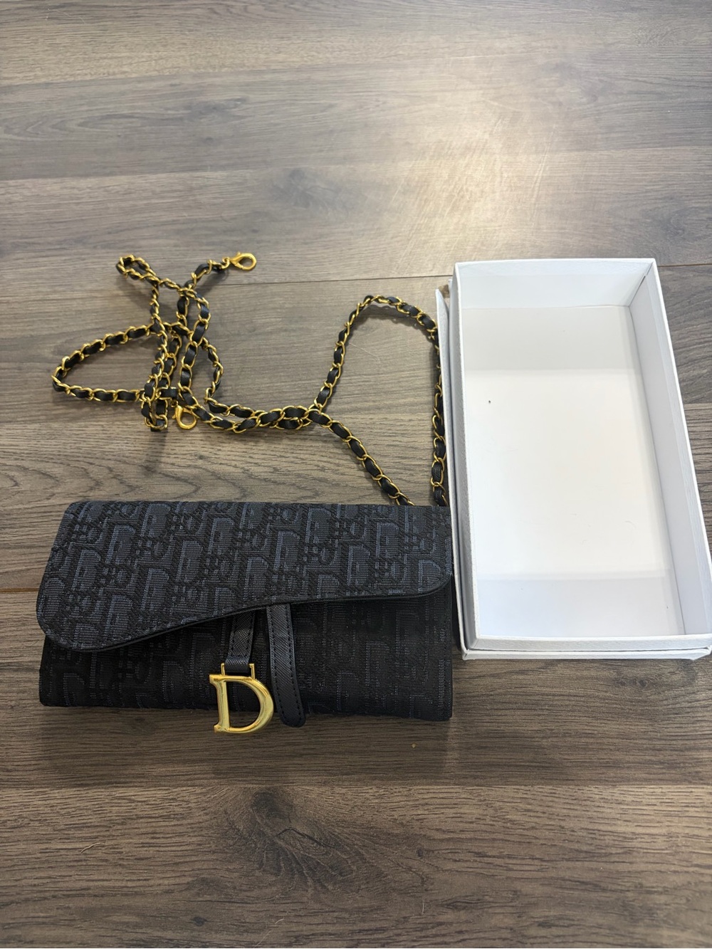 Black Logo-Pattern Wallet On Chain with Gold Chain Detail